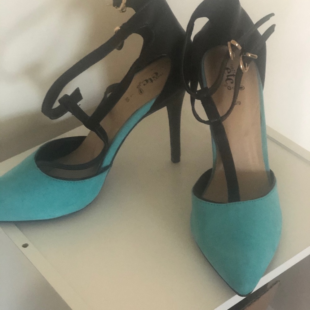 Teal and black heels